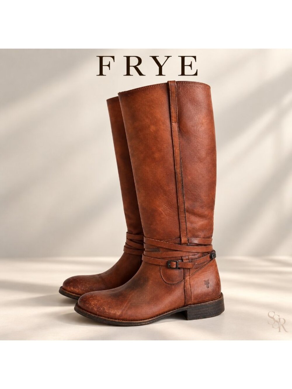 Frye Shirley Strappy Tall Riding Boots Cognac Leather Women’s 6.5 B Pull On